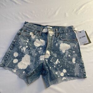Re/Done Blue Denim Jean Shorts with White Bleach Spots